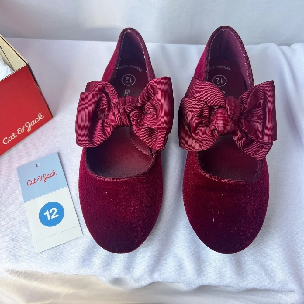 Cat & Jack Chloe Burgundy Red Velvet Bow Flats Girls Size 12 Holiday Dress Shoes